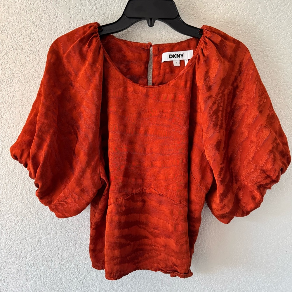 DKNY Women's Vibrant Orange Blouse with Puffy Balloon Sleeves Classy Workwear